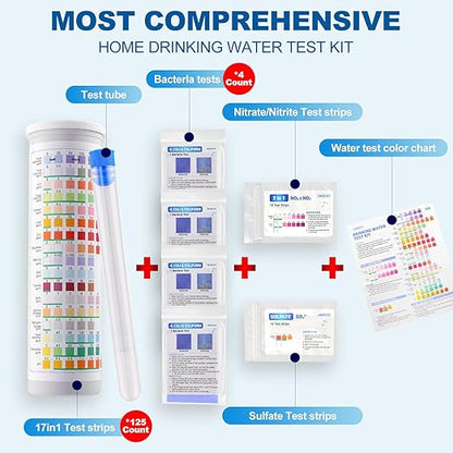 21-in-1 Home Drinking Water Testing Kit,145 Strips + 4 Bacteria Tests,Tap and Well Water Test Kit, Easy to Test and Read Home Test Strips for Hardness, Lead, Iron, Fluoride, pH, Copper and More