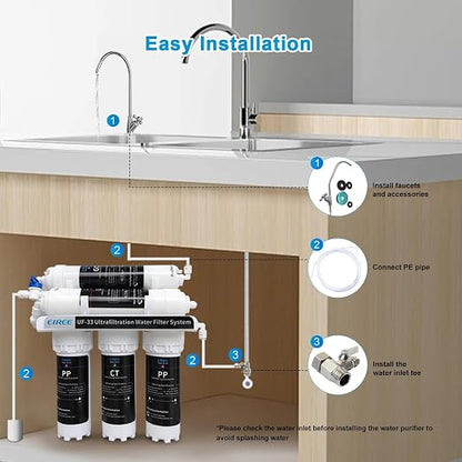Eiree UF33 0.01μm Ultra Filtration Under Sink Water Filter System 6 Stages Under Counter Water Filter Direct Connect to Kitchen Faucet, Reduces Chlorine, Taste and Odor, Fluoride