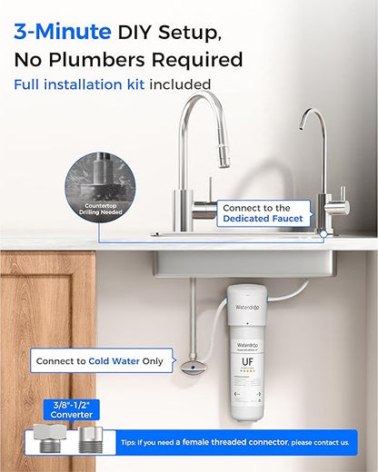 Waterdrop 10UBW-UF 0.01 μm Ultra Filtration Under Sink Water Filter System, Reduces Lead, Chlorine, Bad Taste & Odor, 1 Year, with Dedicated Brushed Nickel Faucet, USA Tech