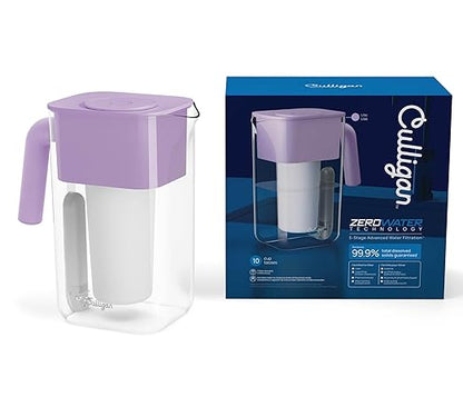 Culligan with ZeroWater Technology 10-Cup Water Filter Pitcher – Includes 5-Stage Advanced Water Filter, IAPMO Certified to Reduce Lead, Total PFAS, Mercury, Fluoride, and Chlorine - Lilac