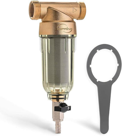 iSpring WSP-100 Spin Down Sediment Water Filter, Whole House Reusable Flushable Prefilter for Well Water, 100-Micron, 1" MNPT + 3/4" FNPT, Lead-Free Brass