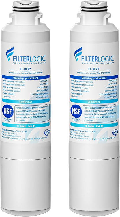 Filterlogic FL-RF27 Refrigerator Water Filter, Replacement for Samsung DA29-00020B, HAF-CIN/EXP, DA29-00020A/B, DA97-08006A, RF28HMEDBSR, RF4287HARS, RF263TEAESG, RH22H9010SR, 2 Pack