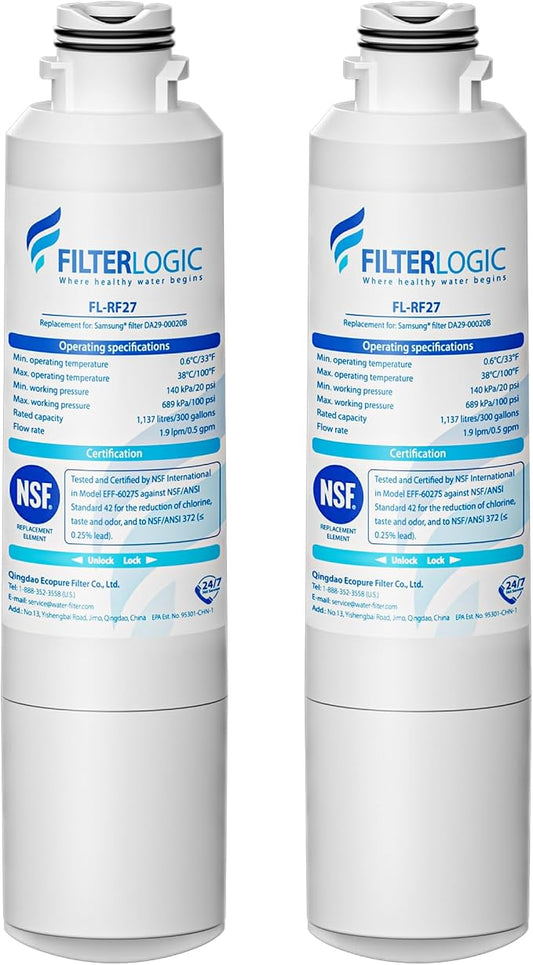 Filterlogic FL-RF27 Refrigerator Water Filter, Replacement for Samsung DA29-00020B, HAF-CIN/EXP, DA29-00020A/B, DA97-08006A, RF28HMEDBSR, RF4287HARS, RF263TEAESG, RH22H9010SR, 2 Pack