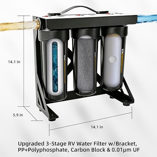 Filterelated Upgraded 3-Stage RV Water Filter w/Bracket, PP+Polyphosphate, Carbon Block & 0.01μm UF, 3/4" Brass Fittings, Reduces Sediment, Chlorine, Metals, Odors – for Camper, Boat, Garden