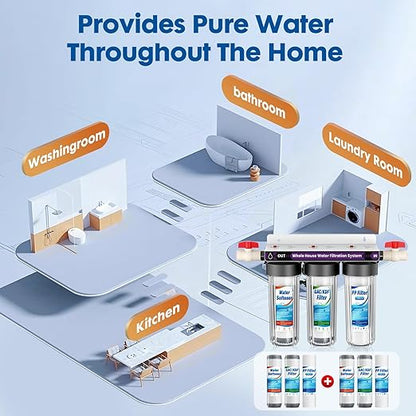 Whole House Water Filter System, 3-Stage Whole Home Water Softener System Highly Reduces Taste,Iron,Scale,Lead,Chlorine, with Heavy Metal and Anti-Scale Filter,3/4" Ports, Extra 1 Year Filter