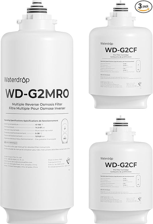 Waterdrop G2-2CFRO Filter, Replacement for G2 Reverse Osmosis System, 2-Year Lifetime, Pack of 2 G2CF Filters and 1 G2MRO Filter, Reduce PFAS