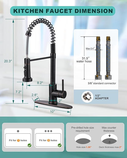 Kitchen Faucet with Pull Down Sprayer: Oil Rubbed Bronze 3-Function Kitchen Sink Faucets for 1 or 3 Hole - Stainless Steel Single Handle Spring Kitchen Faucets with Deck Plate for Farmhouse RV Laundry