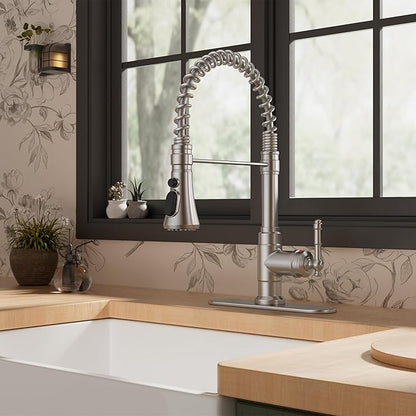 FORIOUS Vintage Kitchen Faucet Pull Down Sprayer Brushed Nickel Stainless Steel, High Arc Single Handle Antique Sink Faucet 1 or 3 Holes for Pot Filler, Farmhouse Camper RV Wet Bar