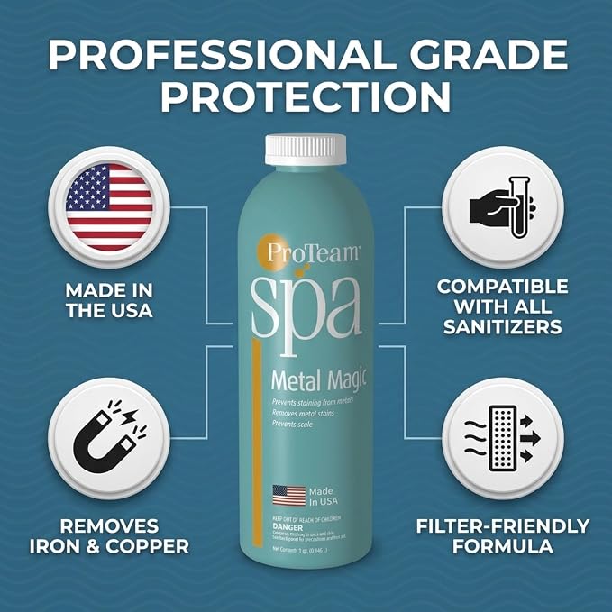 Proteam Spa Metal Magic | Hot Tub Metal Remover & Sequestrant – Removes Iron, Copper, Manganese | Prevents Staining & Scale | Compatible with All Sanitizers – 1 qt, Made in USA + SplashWiz Care Guide