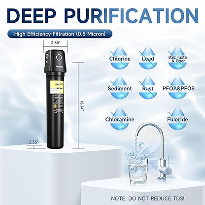 AQUALTRA USF02-BKF Under Sink Filter System, 20K Gal with Faucet, NSF/ANSI/CAN 372 Certified, Reduce PFOA, PFOS, Chlorine, Lead, Mercury, Chloramine, Fluoride, Microplastic Particles, Bad Taste & Odor