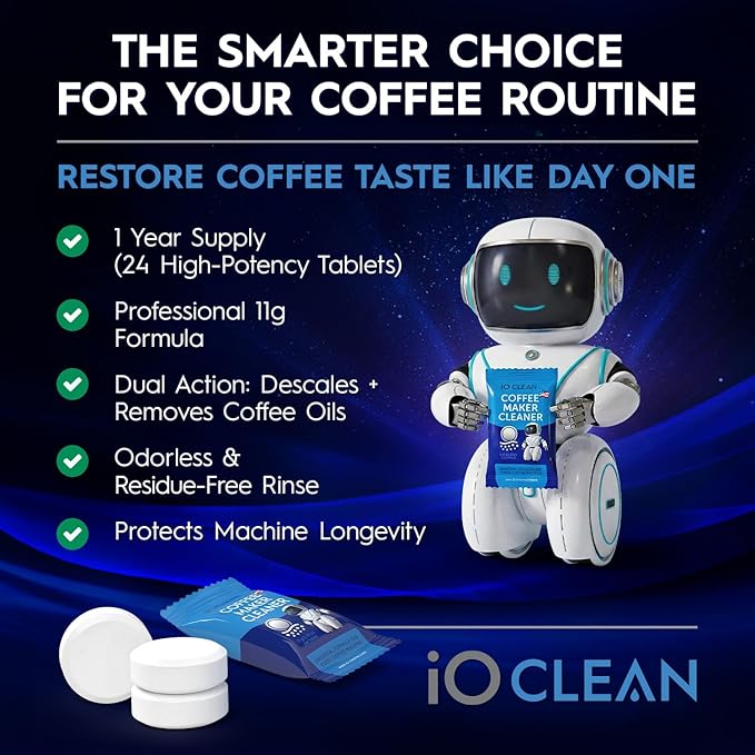 iO CLEAN Coffee Maker Cleaner & Coffee Machine Descaler Tablets – 24 Count Universal Coffee Pot Cleaner and Descaler Solution – Compatible with Keurig, Nespresso, Ninja, Breville, DeLonghi