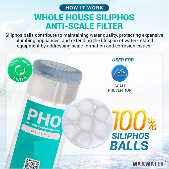 10" Standard Whole House Whole House Anti Scale Filter Set - 10" x 2.5" Polypropylene Sediment, Phosphate Anti-Scale, CTO Carbon Block Water Filter pack, Total of 3 Filters