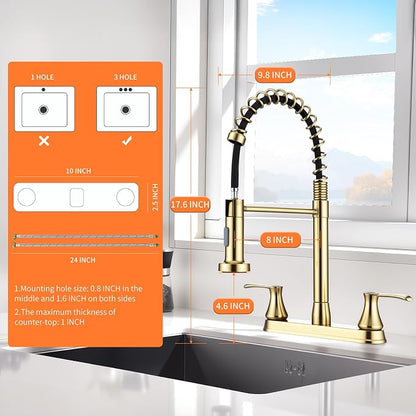 HOMELODY 2 Handles Kitchen Faucet with Pull Down Sprayer for 3 Hole Sink, 360° Rotating Spout Commercial 2 Handle Stainless Steel Kitchen Faucets with Deck Plate Gold