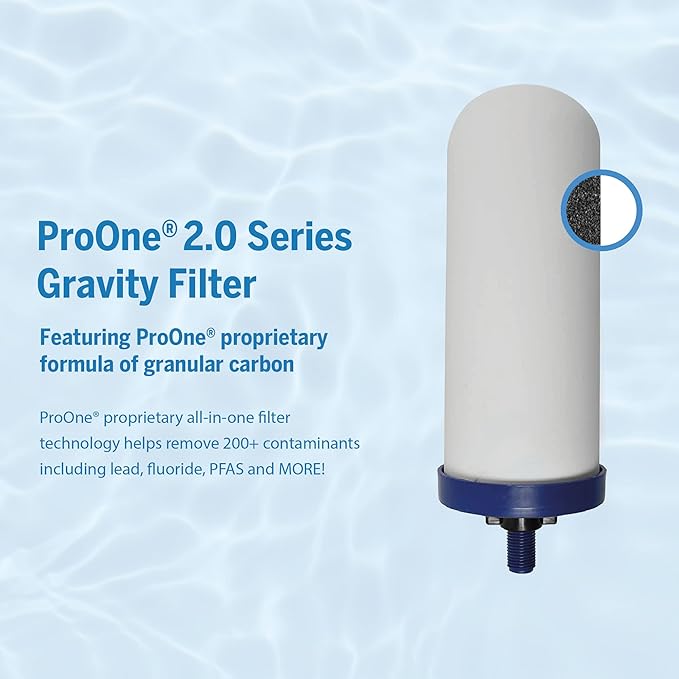 ProOne Big+ Gravity Water Filter System High Capacity Countertop Stainless Steel Water Filter Dispenser IAPMO Certified to Reduce Lead, Total PFAS, Microplastics, Chlorine Taste & Odor, 2 Pack Filter