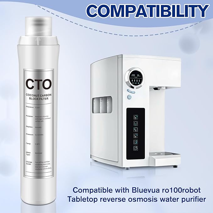 1 Pack CTO Water Filter Replacement Compatible with Bluevua RO100ROPOT, 1 CTO Water Filters, Improved Drink Quality, Easy to Replace for Household Daily Use Drinking