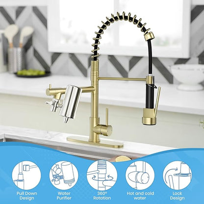 AIMADI Gold Kitchen Faucet with Water Filter and Deck Plate, Commercial Spring Brushed Gold Pull Down Kitchen Sink Faucet for Drinking Water, Farmhouse, RV, Utility or Laundry Sink