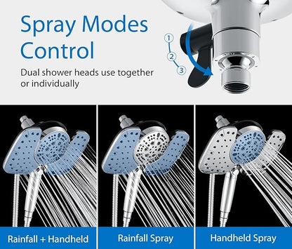 INAVAMZ 2-in-1 Shower Heads with Handheld Spray Combo: 10” Rainfall Shower Head & Hand Held Shower Head, 9 Spray Settings Detachable Shower Head with ON/OFF Switch and 15-Stage Filter