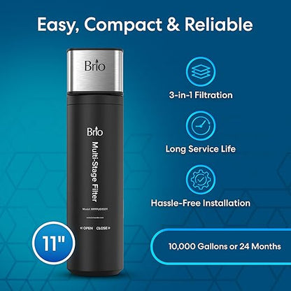 Brio 11" Under Sink Water Filter System for Kitchen & Bathroom Faucet | 3-Stage Single Housing 0.5 Micron Filters PFAS, Chlorine, Lead, Mercury+ | 10,000 Gallons or 2 Years | NSF 42 & 372 Certified