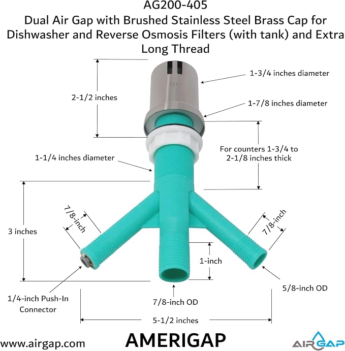 Dual Air Gap with Brushed Stainless Steel Brass Cap for Dishwasher and Reverse Osmosis Filters (with tank) and Extra Long Thread (AG200-405, AG200-X05, AMERIGAP)