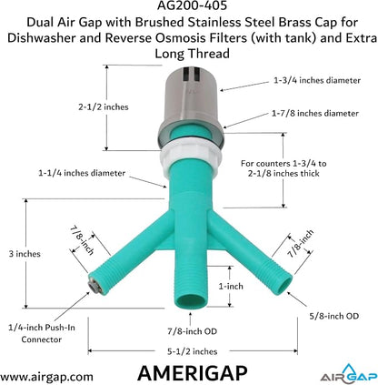Dual Air Gap with Brushed Stainless Steel Brass Cap for Dishwasher and Reverse Osmosis Filters (with tank) and Extra Long Thread (AG200-405, AG200-X05, AMERIGAP)