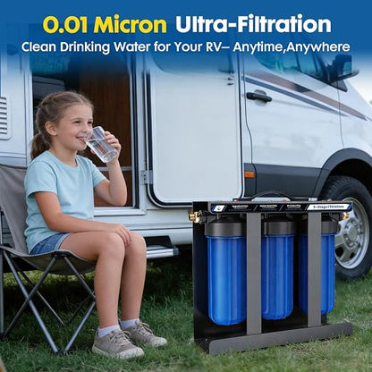 RV Water Filter System,0.01 Micron Camper Water Filter System, 5-Stage RV Water Filtration System Reduces Sediments, Chlorine, Vocs, Heavy Metals, Odors for Travel Trailers, Boats, 1" Inlet/Outlet