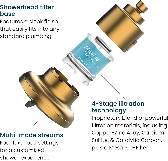 AquaTru Shower - Advanced Shower Filter Removes Impurities from Hard Water to Support Healthy Skin, Scalp, Hair, Reduce Breakage, and Enhance Your Beauty and Self-Care Routine (Brushed Gold)