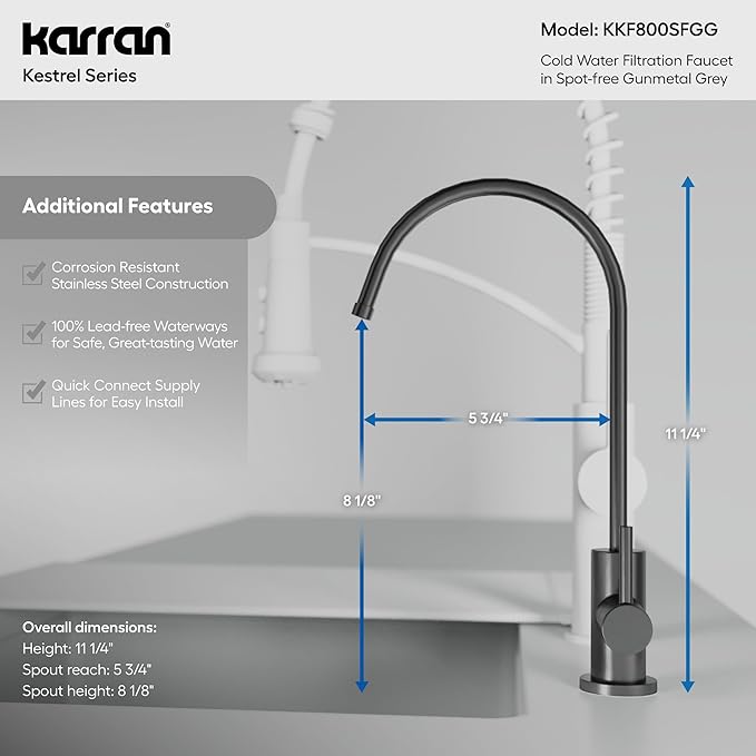 Karran Kestrel Single-Handle Filtered Water Faucet in Gunmetal Grey 100% Lead-Free Brass, RO/Filtration System Ready, 360° High-Arc Spout, Spot-Free Finish Beverage Faucet (Spot Free Gunmetal Grey)