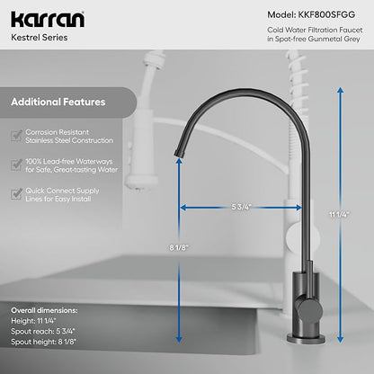Karran Kestrel Single-Handle Filtered Water Faucet in Gunmetal Grey 100% Lead-Free Brass, RO/Filtration System Ready, 360° High-Arc Spout, Spot-Free Finish Beverage Faucet (Spot Free Gunmetal Grey)