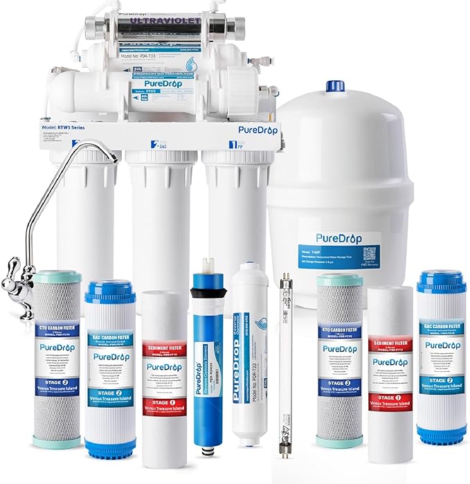 PureDrop RTW5U Reverse Osmosis Water Filter System with UV Filter, Ultraviolet TDS Reduction RO Water Filtration System, 6-Stage Under Sink Water Filter with Faucet Plus Extra 3 Filters, 50 GPD, White