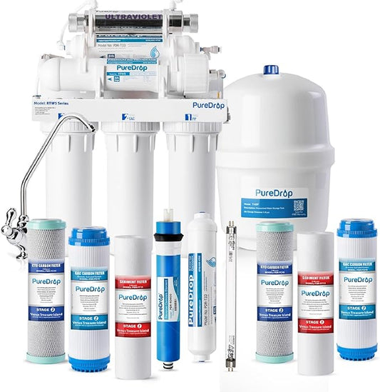 PureDrop RTW5U Reverse Osmosis Water Filter System with UV Filter, Ultraviolet TDS Reduction RO Water Filtration System, 6-Stage Under Sink Water Filter with Faucet Plus Extra 3 Filters, 50 GPD, White
