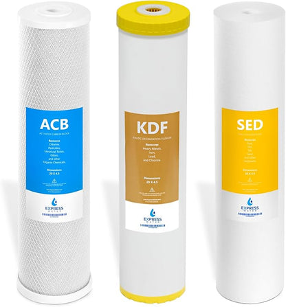 Express Water Whole House Water Filter Set for Heavy Metals – 3 Stage Water Filtration Replacement Kit – Sediment, Carbon Block, KDF High Capacity Cartridges – 5 Micron Water Filter 4.5 x 20 inch