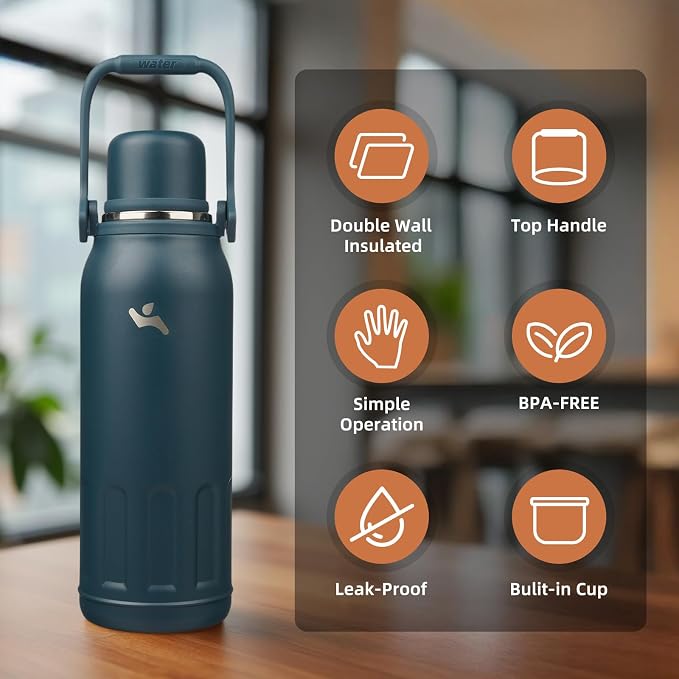 Konokyo Insulated Water Bottle with Handle and Strap,Vacuum Travel Tumbler with Cup Lid,Thermo Coffee Cup for Hot Cold Drinks 50 OZ,Navy Blue