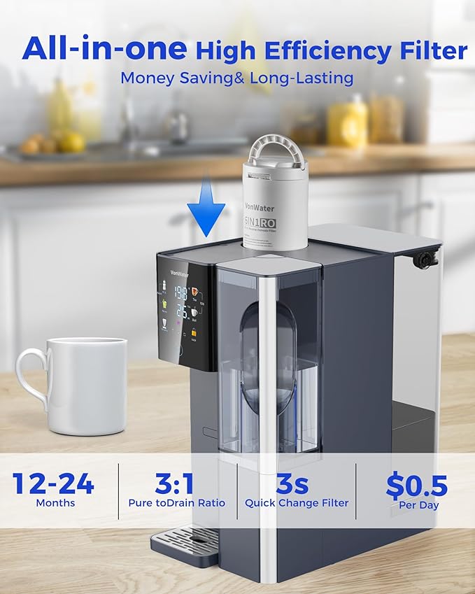 CT910H Reverse Osmosis Water Filter Countertop, 3S Instant Hot RO Water Filtration System, 7-Stage Water Purifier with Portable Pitcher, NSF/ANSI 372,42,58, Reduce TDS PFAS, No Installation
