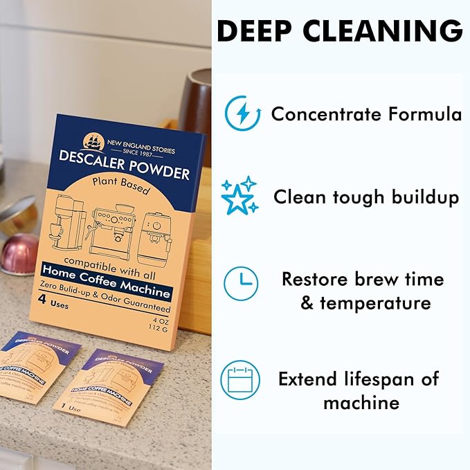 Descaling Powder Solution (4 Uses) Removes Scale and Build-Up, Automatic Coffee Pots & Makers & Espresso Machines Descaler, Compatible with Keurig Breville Nespresso Delonghi Ninja