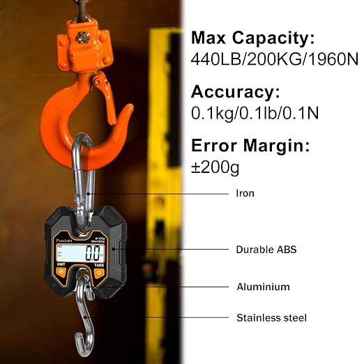 Fuzion Hanging Scale 440lb/200kg, Mini Crane Scale w/Stainless Steel Hook | No Setup Required, Hold/Tare Function, Large Display, Digital Hanging Scales for Weighing Animals, Hays, Fish, Travel Luggage