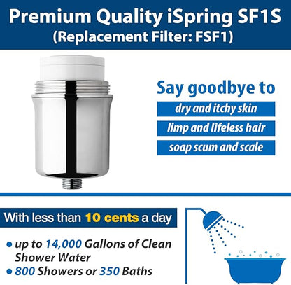 iSpring FSF1 33-Stage Universal Shower Filter Replacement Cartridge, Removes Chlorine, Sediment, Heavy Metal, and Odor, Improves Conditions of Skin, Hair, and Nails, High Output No Clog, White