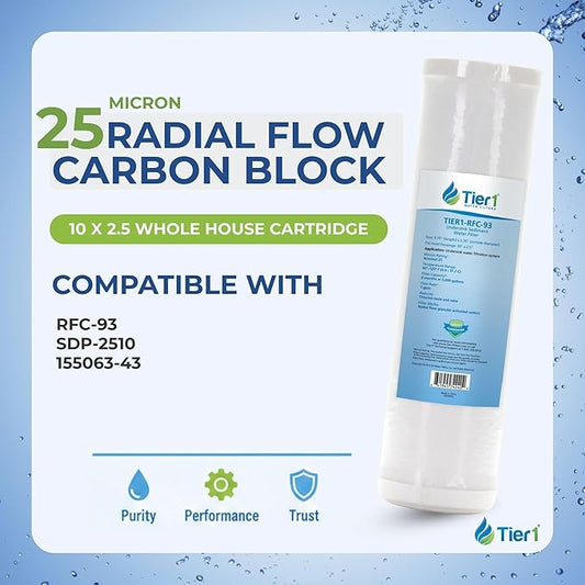 Tier1 25 Micron 10 x 2.5 Water Filter | Radial Flow Carbon Block Whole House Water Filter Cartridge | Replacement for Pentek RFC-93, SDP-2510 | 2.5 x 10 Water Filter