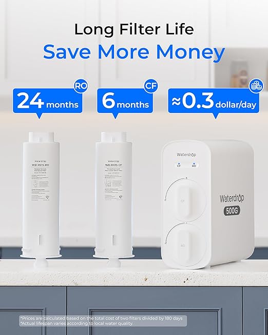 Waterdrop G5P500 Reverse Osmosis Water Filter, NSF/ANSI 58 & 372 Certified, 7 Stage Reverse Osmosis System, 500G RO Water Filtration System, 2:1 Pure to Drain, Reduces TDS PFAS, BPA Free