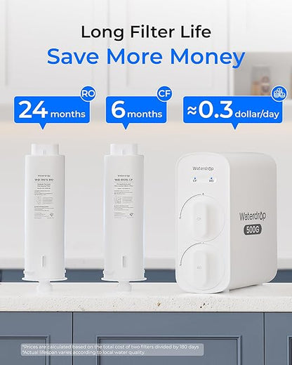 Waterdrop G5P500 Reverse Osmosis Water Filter, NSF/ANSI 58 & 372 Certified, 7 Stage Reverse Osmosis System, 500G RO Water Filtration System, 2:1 Pure to Drain, Reduces TDS PFAS, BPA Free