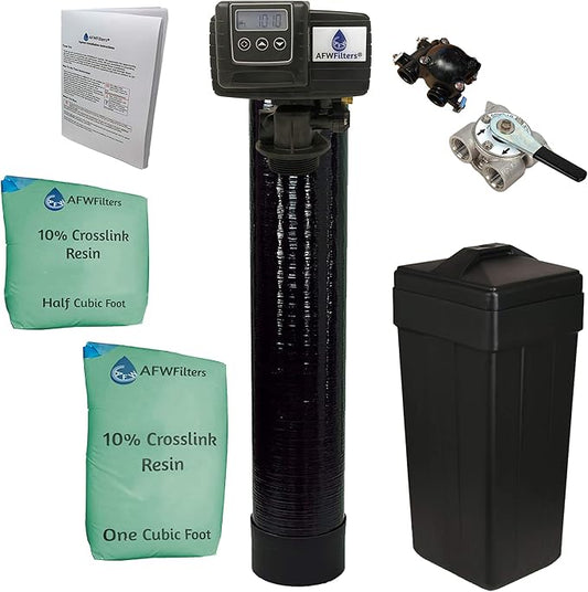 AFWFilters 1.5 Cubic Foot (48k) Whole Home Water Softener with Durable 10% Crosslink Resin, 3/4" Stainless Steel FNPT Connection, and Black Tanks