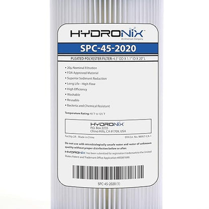 Hydronix SPC-45-2020 Pleated Water Filter Whole House Commercial Industrial Washable and Reusable 4.5" x 20" - 20 micron