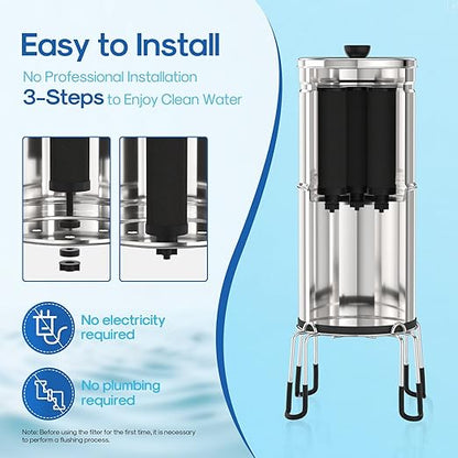 ICEPURE 3-Stage Gravity Water Filter System with Water Level Window, 304 Stainless Steel Countertop Gravity-fed Water Filtration System with 3 Filters and 1 Stand, Reduce 99% Chlorine 3G High Capacity