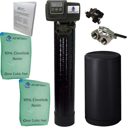 AFWFilters 2 cubic Foot (64k) Whole Home Water Softener with Durable 10% Crosslink Resin, 1" Stainless Steel FNPT Connection, and Black Tanks