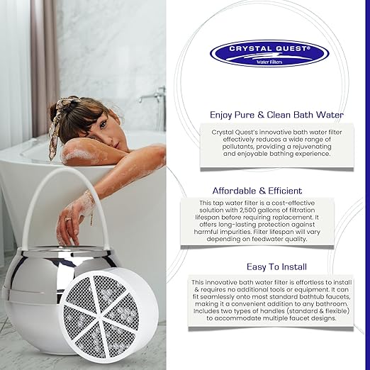 Crystal Quest Bath Ball Filter for Tub Faucet, Bathtub Water Filter, BPA-Free Bathtub Filter, Removes Chlorine, Lead & Impurities, Improves Skin, Hair & Nails, with Extra Cartridge - Chrome