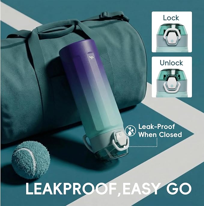 Konokyo FLOWPLAY 22oz Locking Push-Button Water Bottle with Silicone Spout,Leak-Proof,18/8 Stainless Steel Double-Wall Vacuum Insulated for Sports and Travel,BPA-Free,Ocean Dream