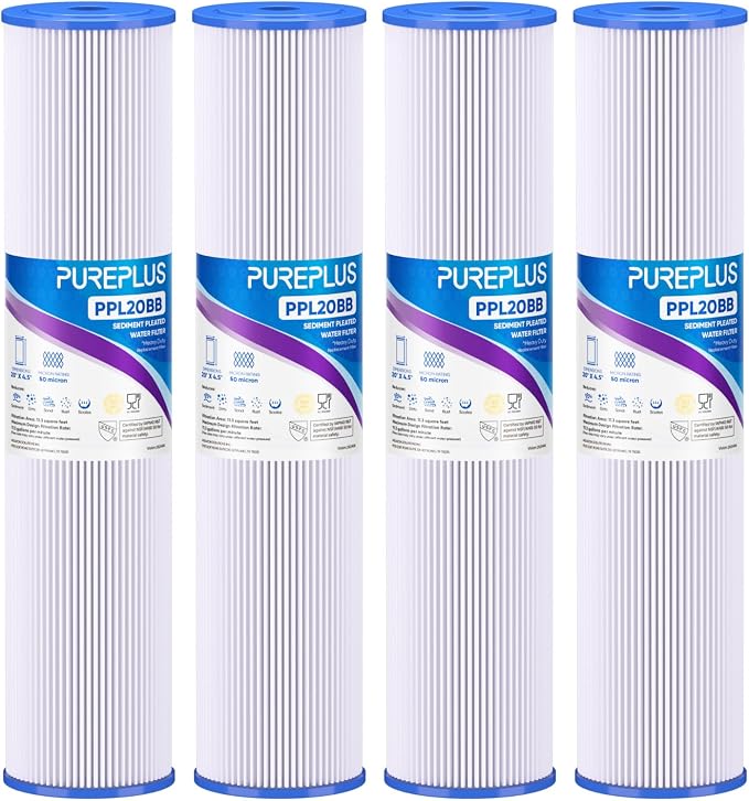 PUREPLUS 50 Micron 20" x 4.5" Whole House Pleated Sediment Filter for Well Water, Replacement Cartridge for ECP20-20BB, AP810-2, SPC-45-2020, R30-20BB, HDC3001, ECP5-20BB, 4Pack