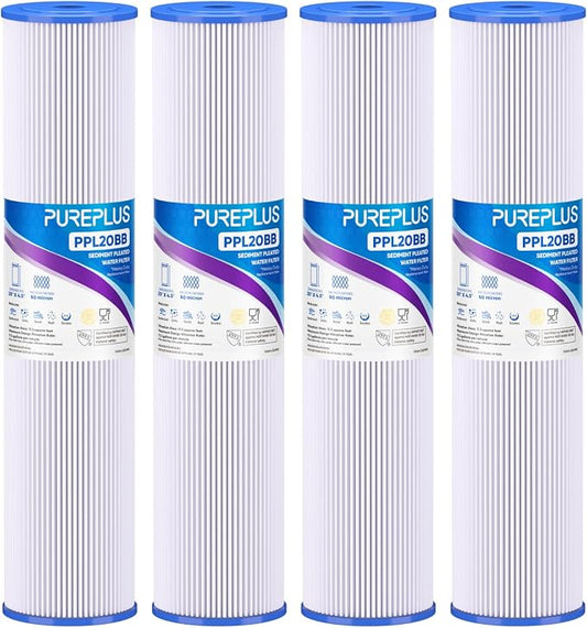 PUREPLUS 50 Micron 20" x 4.5" Whole House Pleated Sediment Filter for Well Water, Replacement Cartridge for ECP20-20BB, AP810-2, SPC-45-2020, R30-20BB, HDC3001, ECP5-20BB, 4Pack