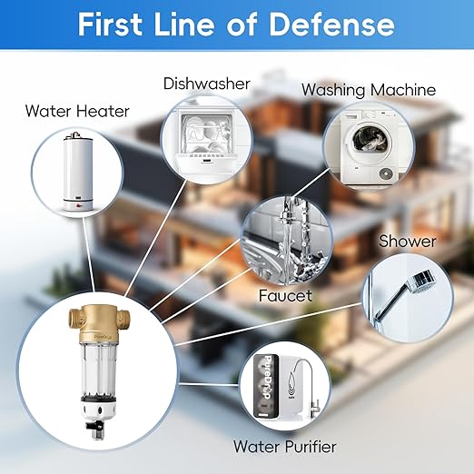 PureDrop PDR-50WSP Spin Down Sediment Filter, Reusable Whole House Sediment Water Filter for Well Water, 50-Micron Flushable Prefilter Filtration System with Scraper, 1" MNPT + 3/4" FNPT
