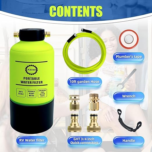 AKM RV Water Filtration System,Reduce Chlorine, VOCs, Heavy Metals, Bad Taste, Odor, Anti-Scale, KDF GAC Carbon Filters,3/4" GHT Brass Quick Connectors, Scale Inhibitor Filter
