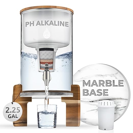Invigorated Water pH Recharge Glass Alkaline Water Dispenser Filter System - Countertop Purifier Pitcher for Home and Office - High pH Pure Drinking Water Filtration - 36 Cups (Acacia Marble Set)
